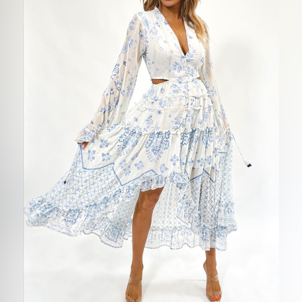 L’abeye Ivory Floral + Shimmer High Lo Dress
